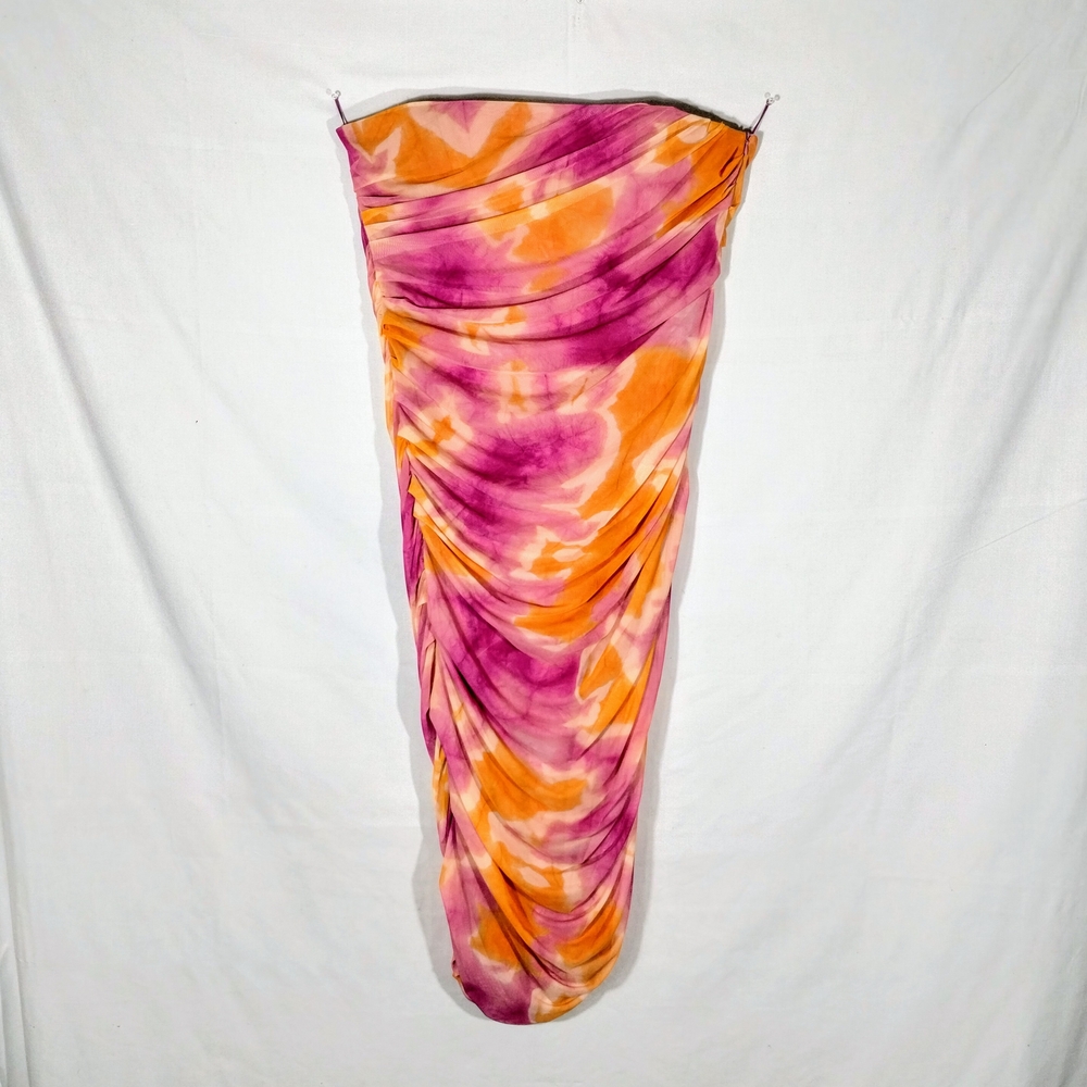 NWT Zara Pink Orange Tie Dye Ruched Strapless Midi Summer Dress XXL 18.5" PTP